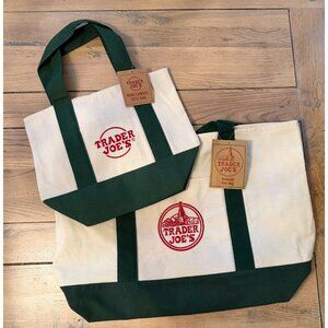 Trader Joe’s Canvas Tote Bag Set Mini & Large Reusable Grocery Bags Green Trim